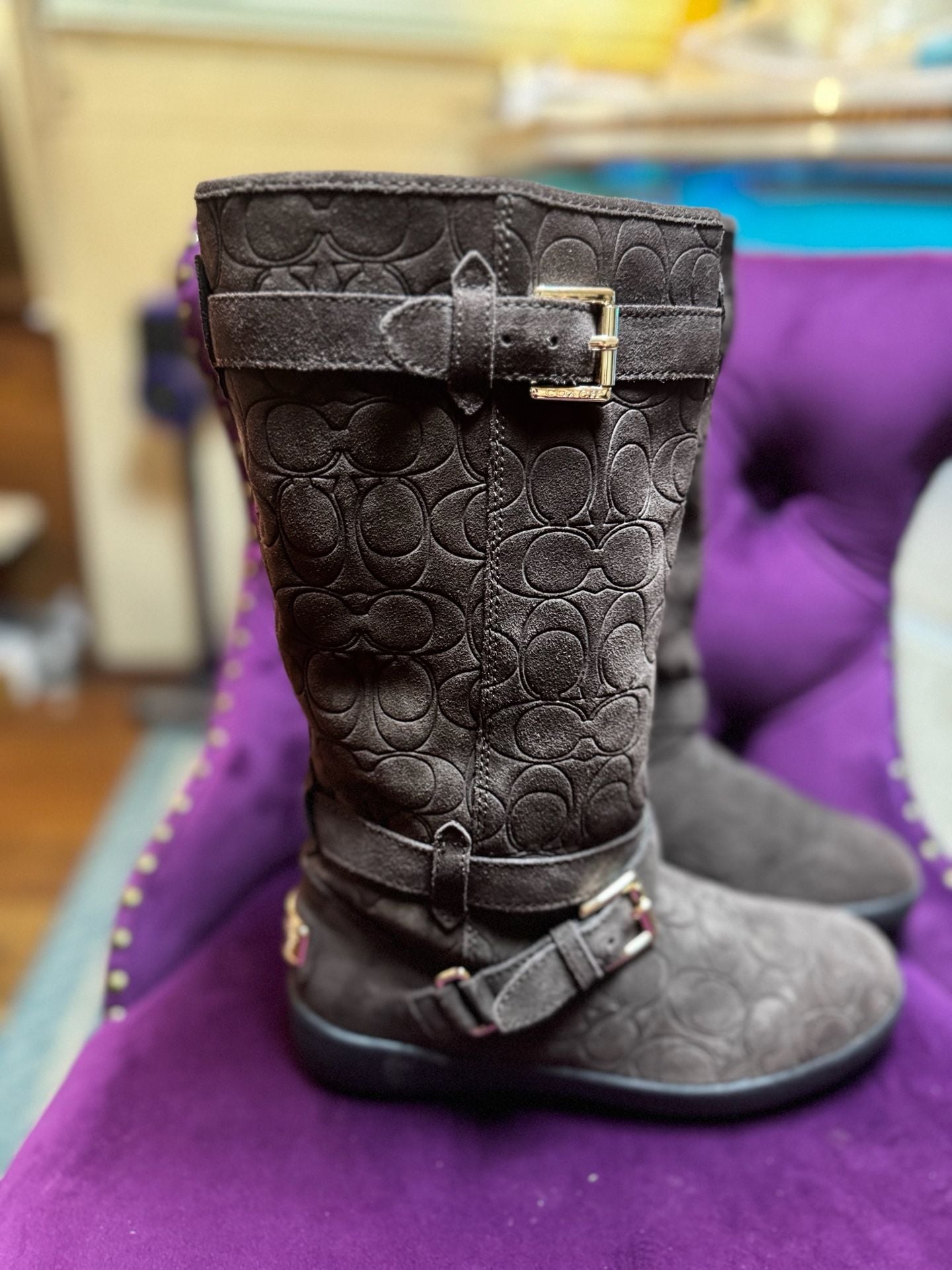 Coach Thelma A4671 monogram C Brown Suede Buckle Boot Sz US 8/38.5 7
