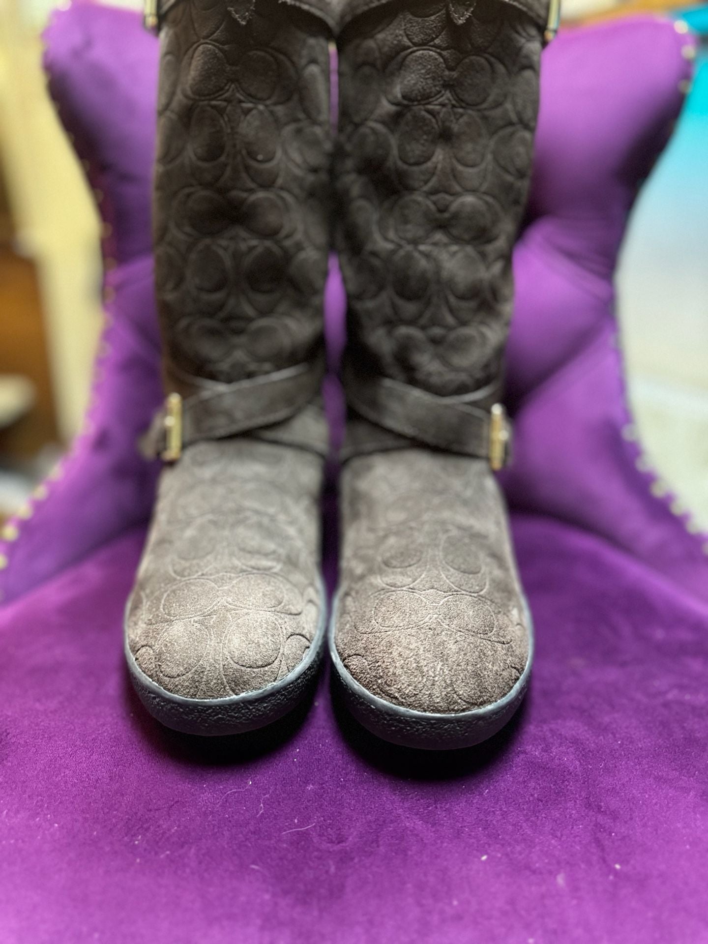 Coach Thelma A4671 monogram C Brown Suede Buckle Boot Sz US 8/38.5 8