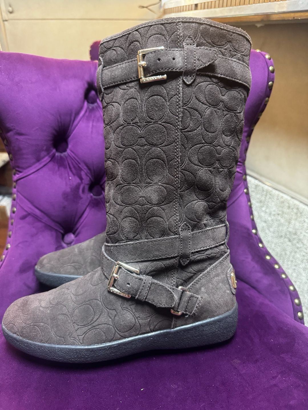 Coach Thelma A4671 monogram C Brown Suede Buckle Boot Sz US 8/38.5 16