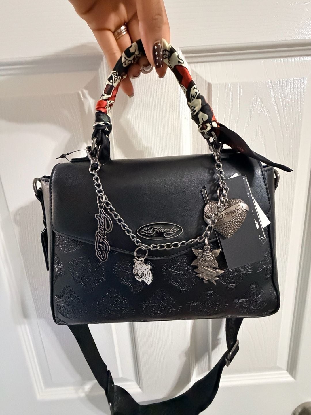 Ed Hardy Black Handbag With Scarf And Charms New With Tags 2