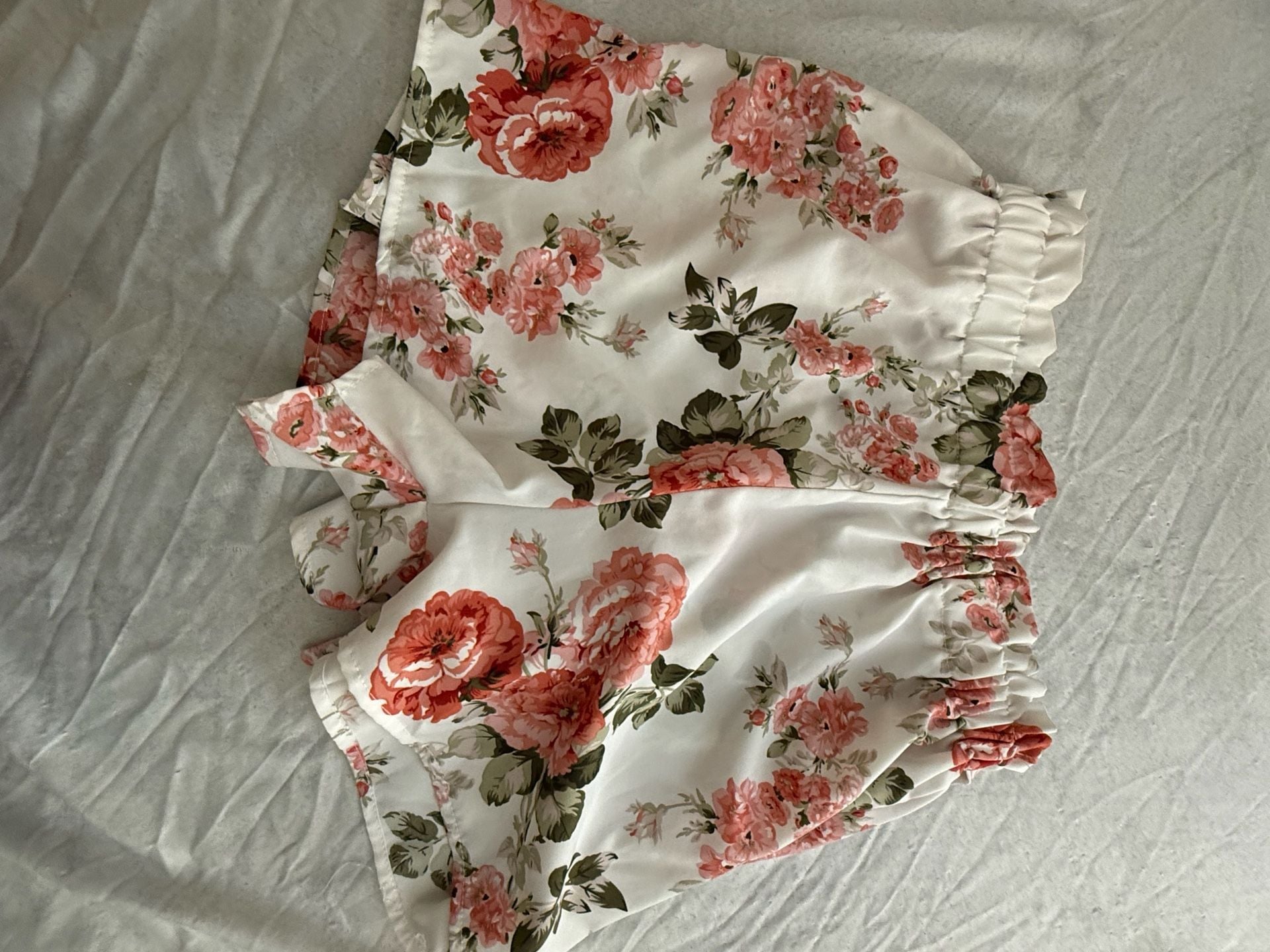 Floral Paperbag Waist Shorts White Red 2