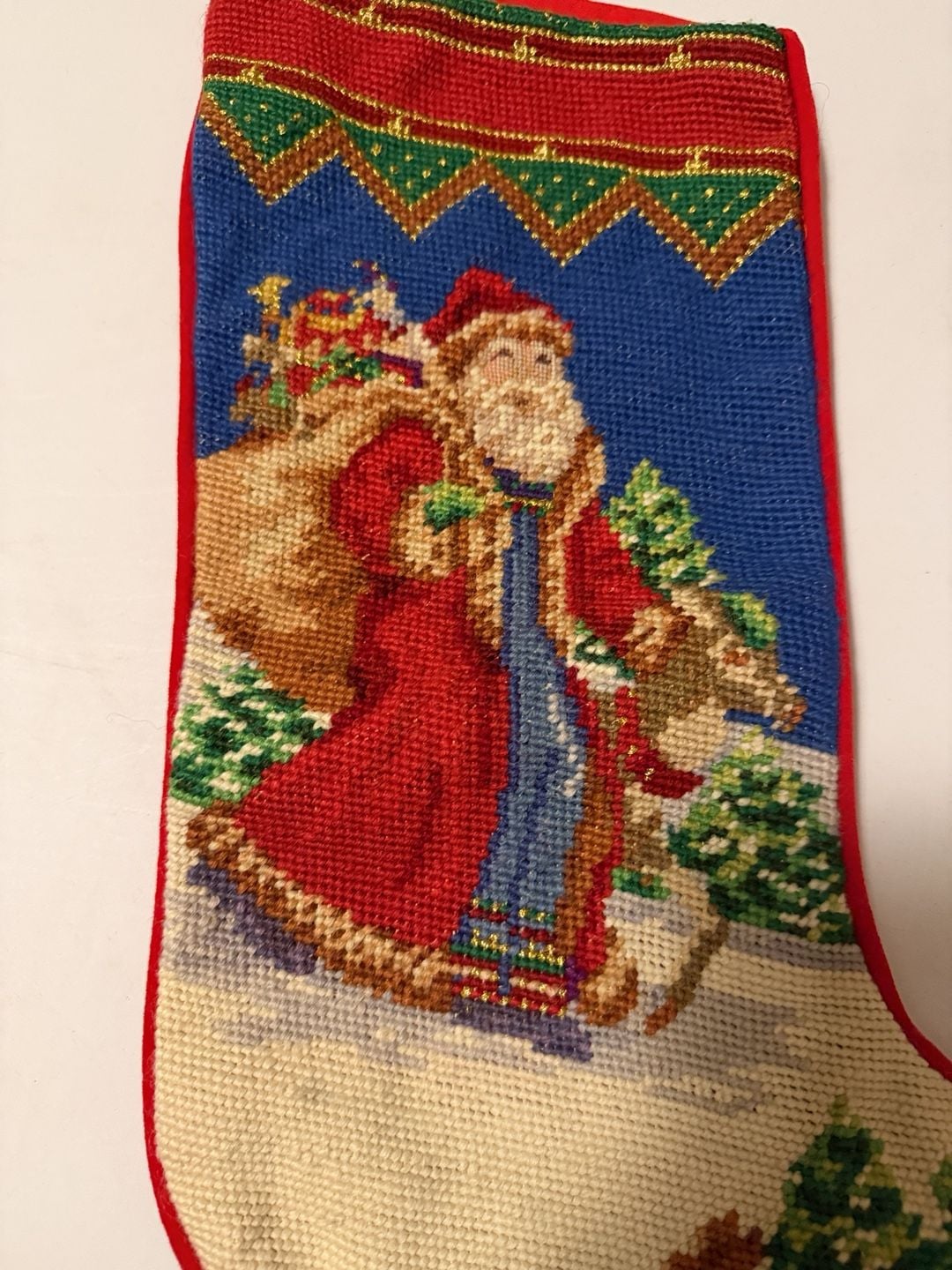 Needlepoint By Hand Christmas Stocking 11x18 Santa Claus Wool 3