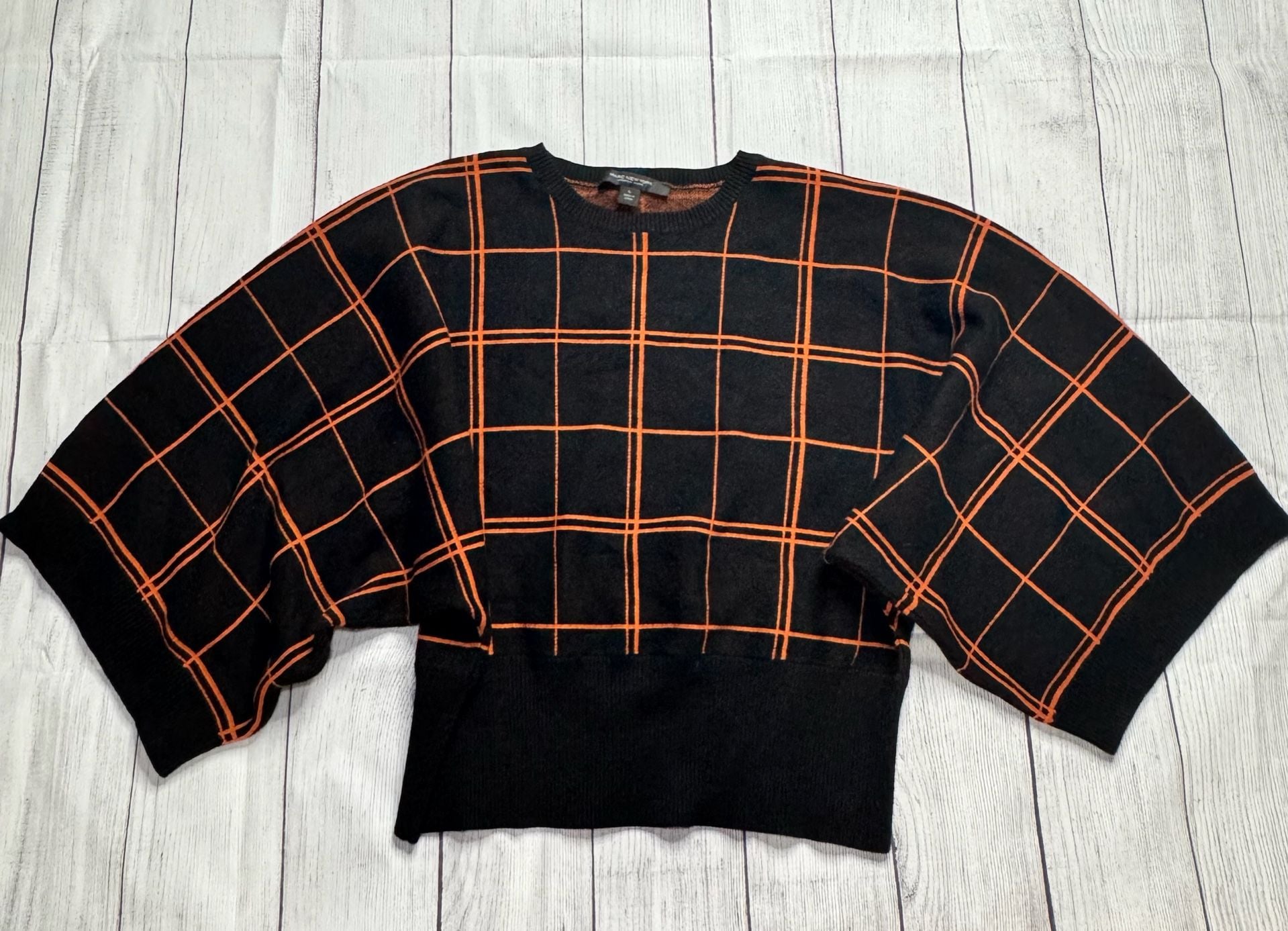 Marc New York Andrew Marc Windowpane Plaid Batwing Sweater L Black Orange 3