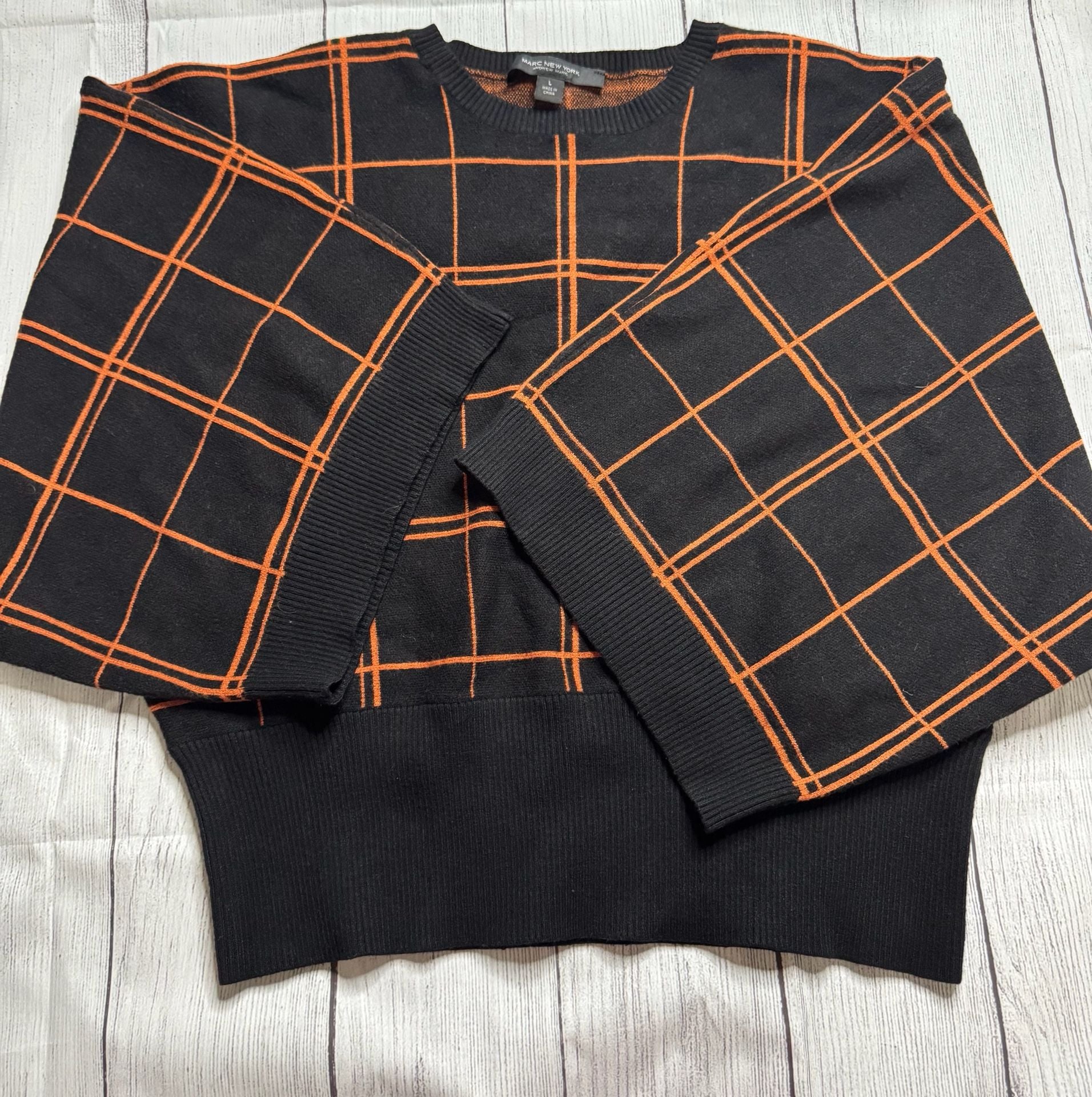 Marc New York Andrew Marc Windowpane Plaid Batwing Sweater L Black Orange 9