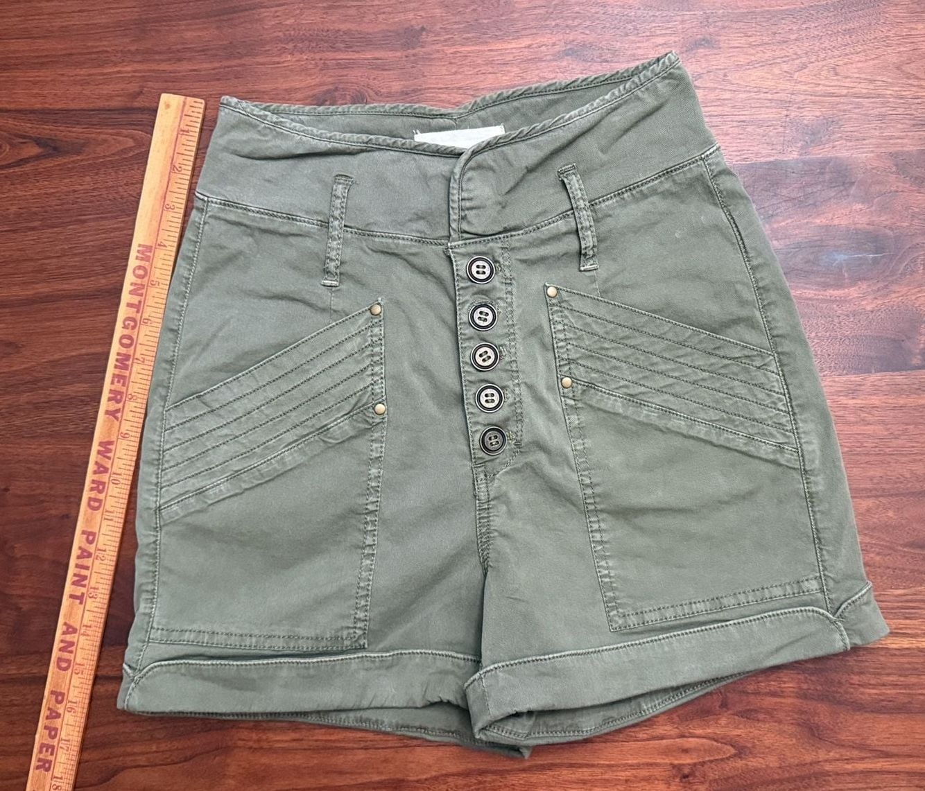 Anthropologie high waste Utility Shorts Size 2 Green Cotton Button-Fly 6