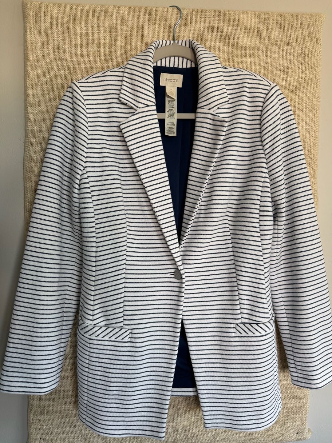 Chico's Striped Blazer Size 0 White Navy Blue One Button Jacket 2