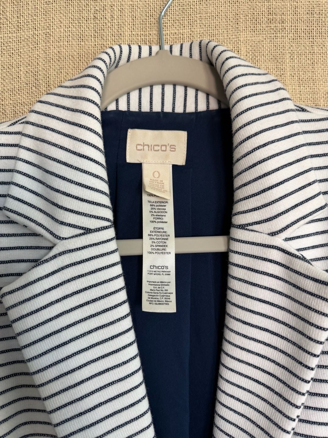 Chico's Striped Blazer Size 0 White Navy Blue One Button Jacket 3