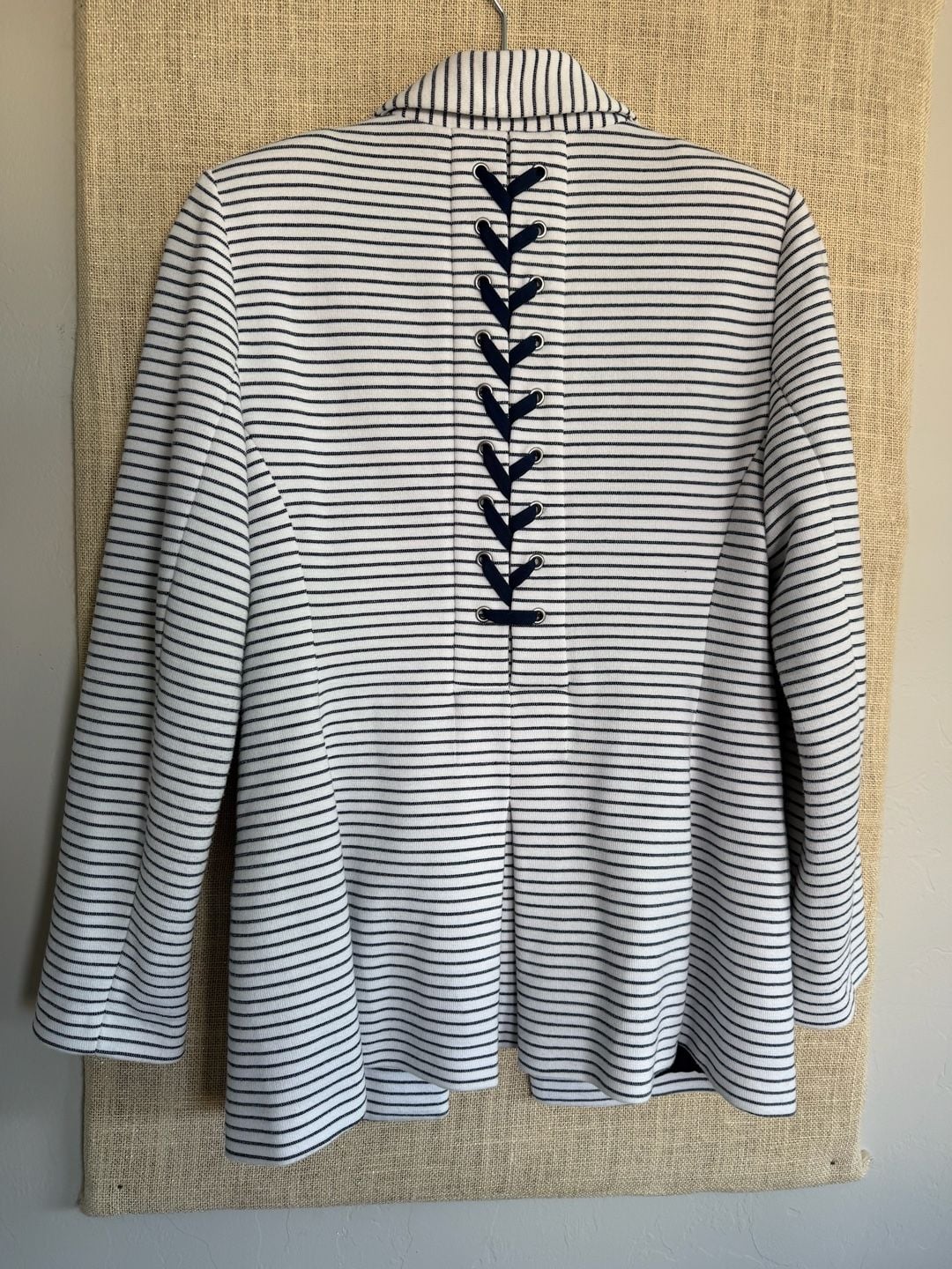 Chico's Striped Blazer Size 0 White Navy Blue One Button Jacket 4