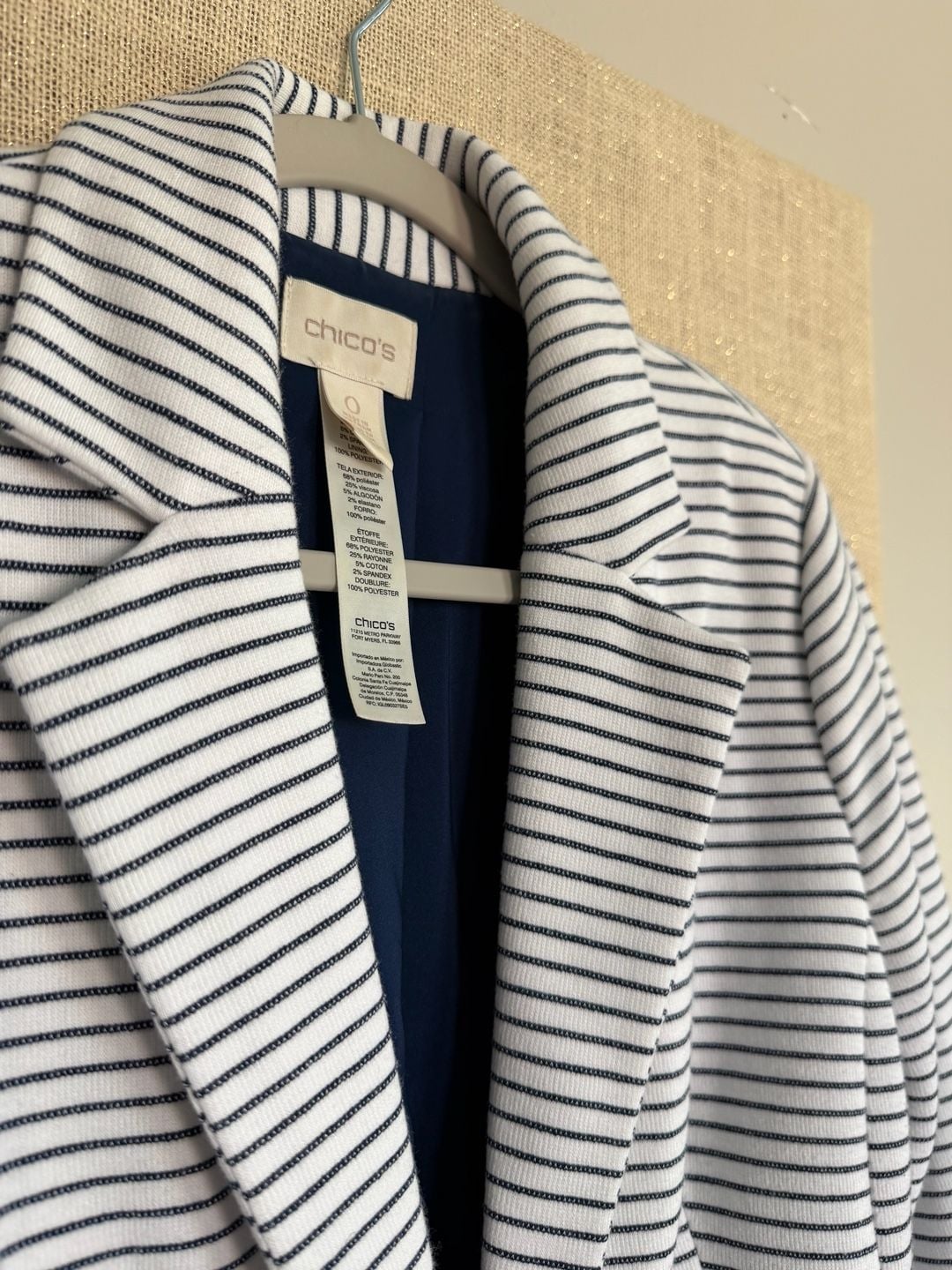 Chico's Striped Blazer Size 0 White Navy Blue One Button Jacket 6