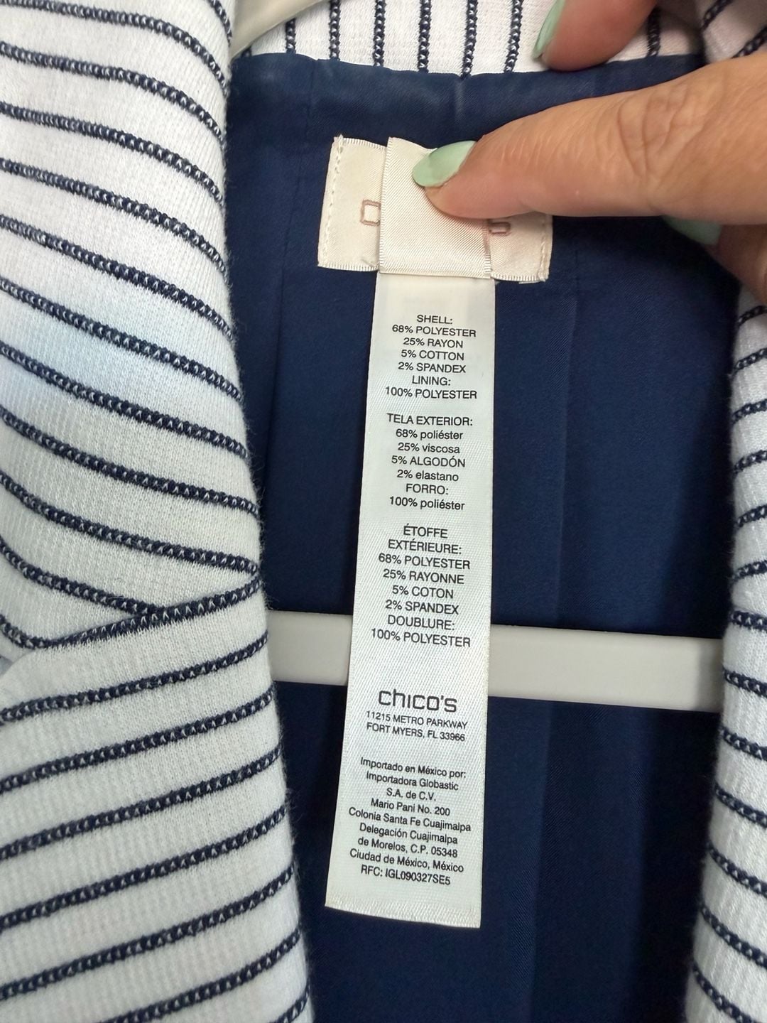 Chico's Striped Blazer Size 0 White Navy Blue One Button Jacket 7