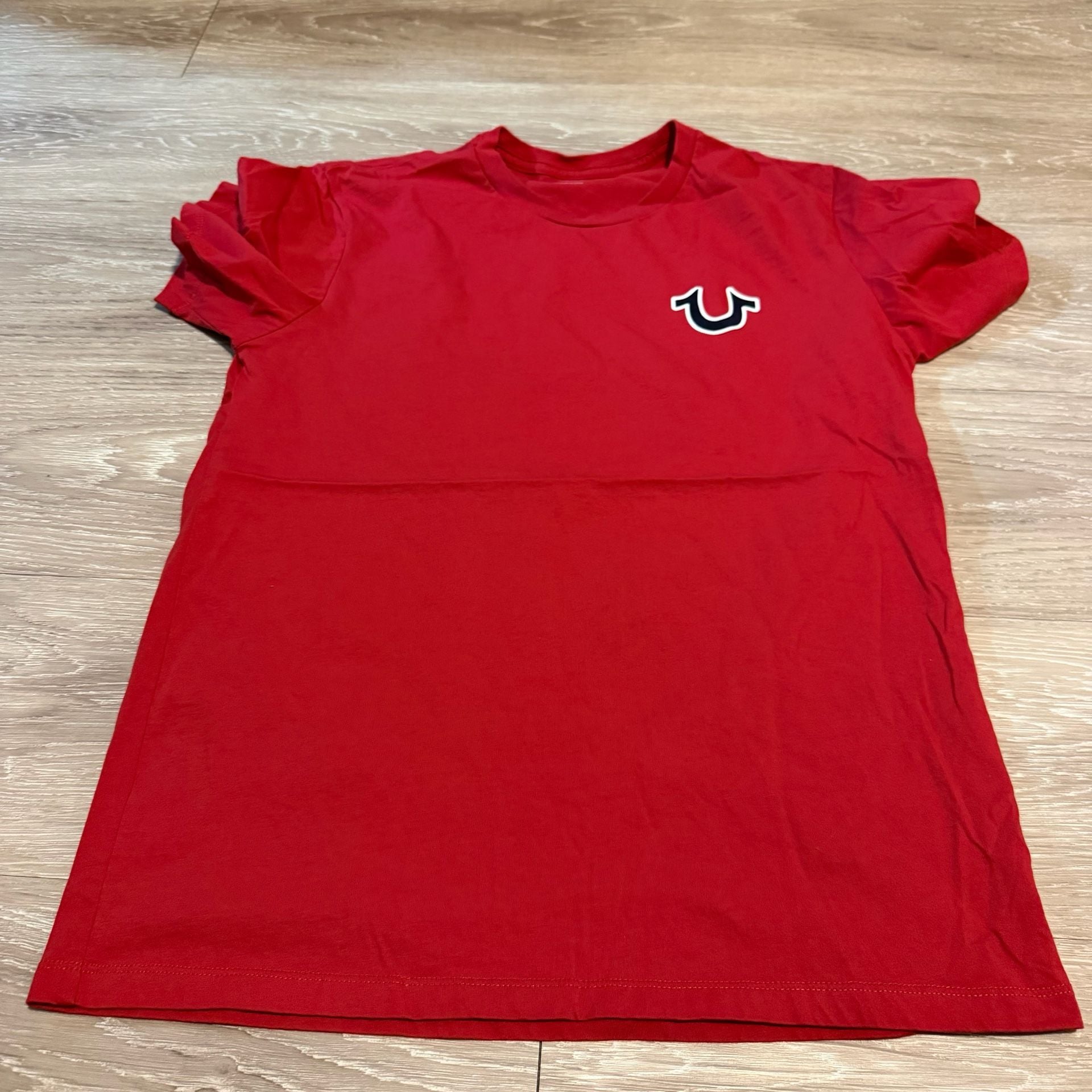 True Religion T-Shirt Size Small Red Buddha Guitar Logo Graphic 2