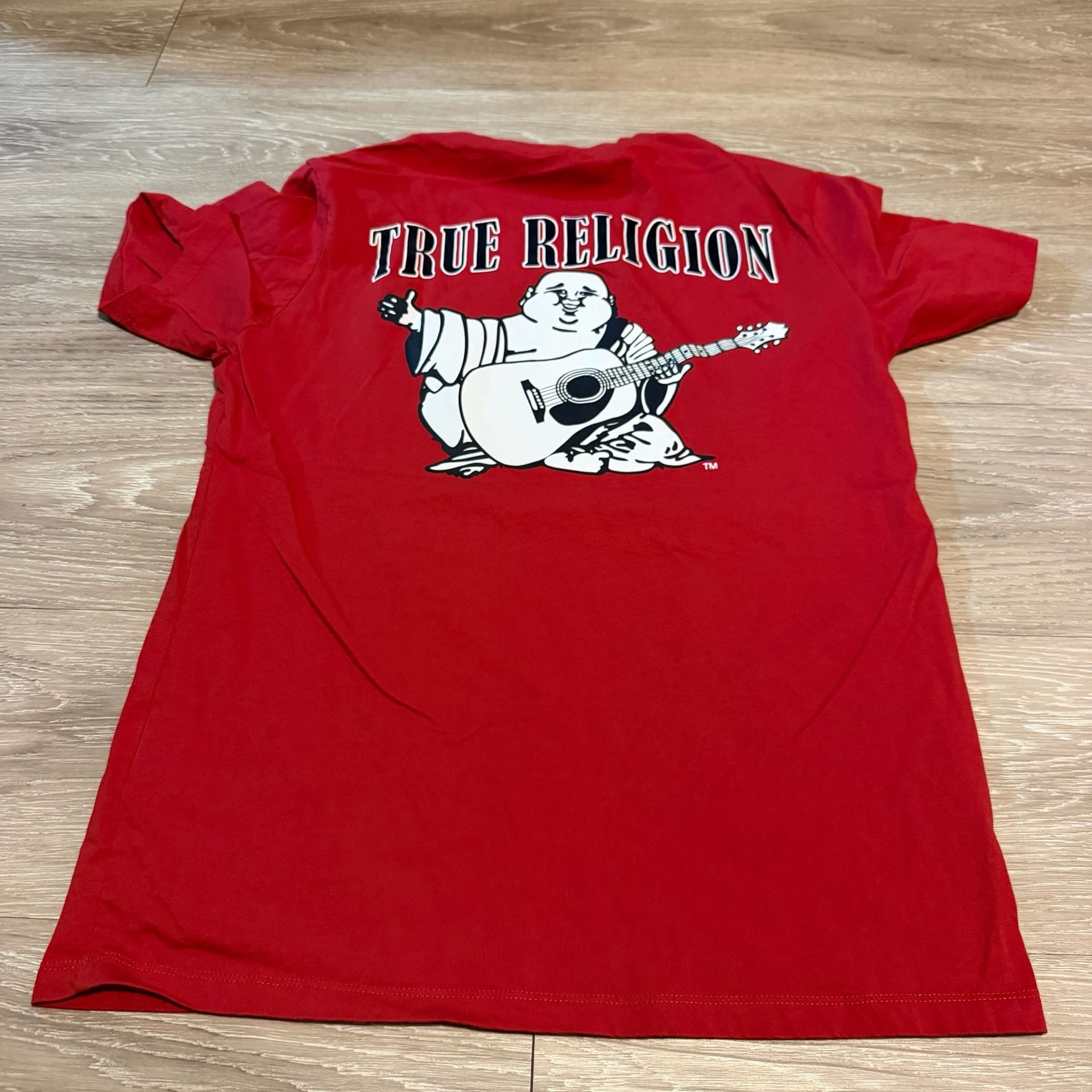 True Religion T-Shirt Size Small Red Buddha Guitar Logo Graphic 3