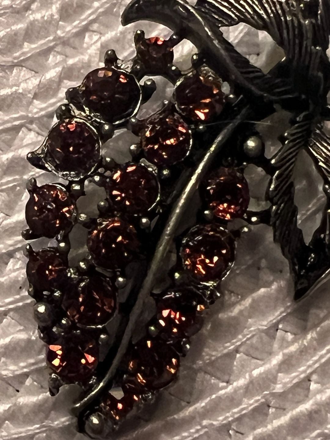 Vintage Rhinestone Fruit Leaf Cluster Pin Brooch Gunmetal Tone 3