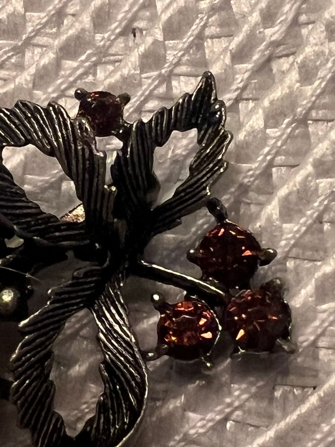 Vintage Rhinestone Fruit Leaf Cluster Pin Brooch Gunmetal Tone 4