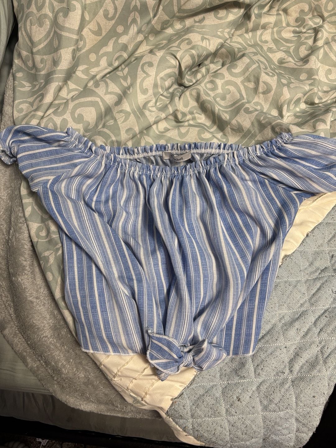 Teenbell Off Shoulder Striped Tie Front Crop Top Blue White 1