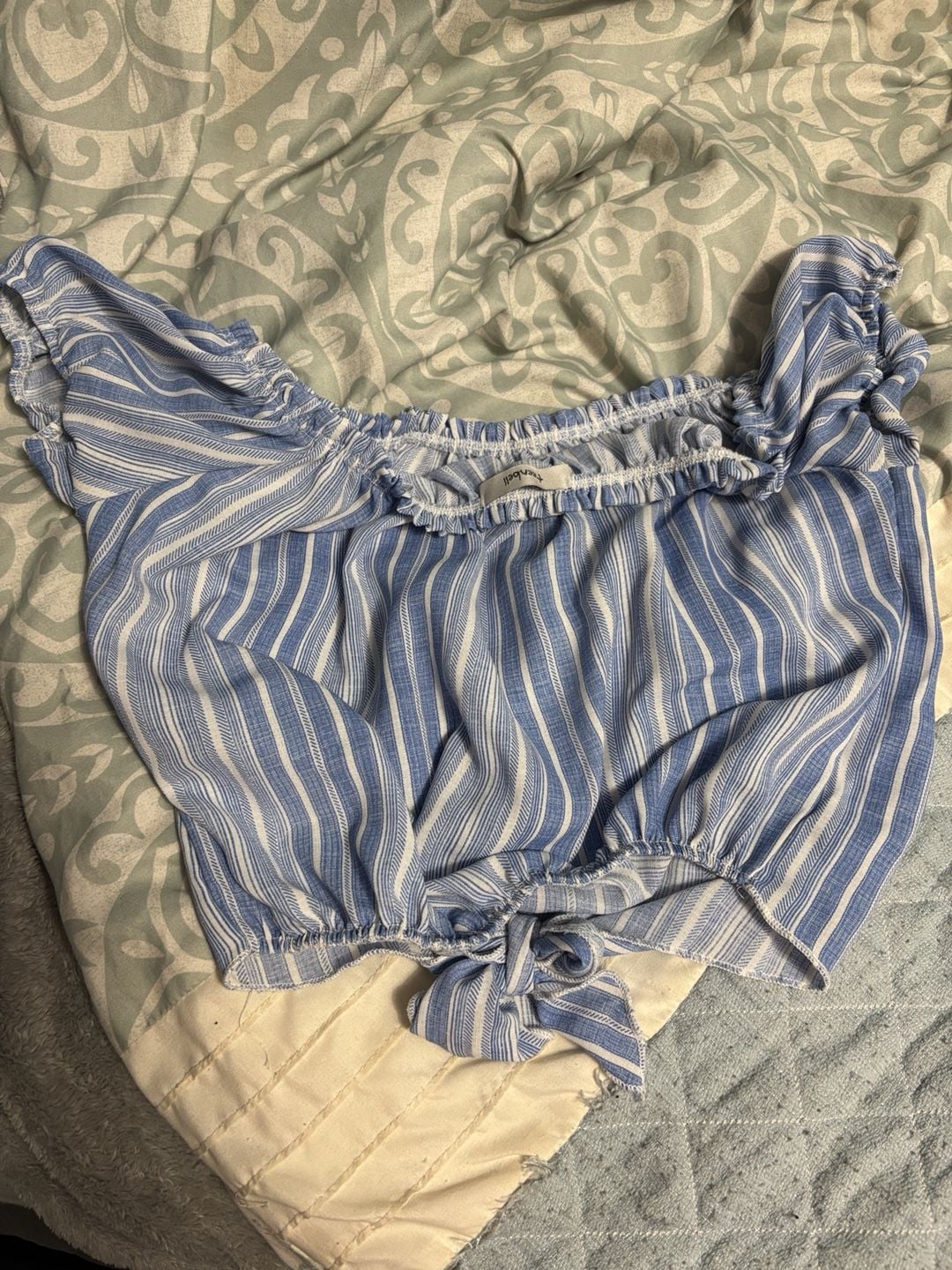 Teenbell Off Shoulder Striped Tie Front Crop Top Blue White 3