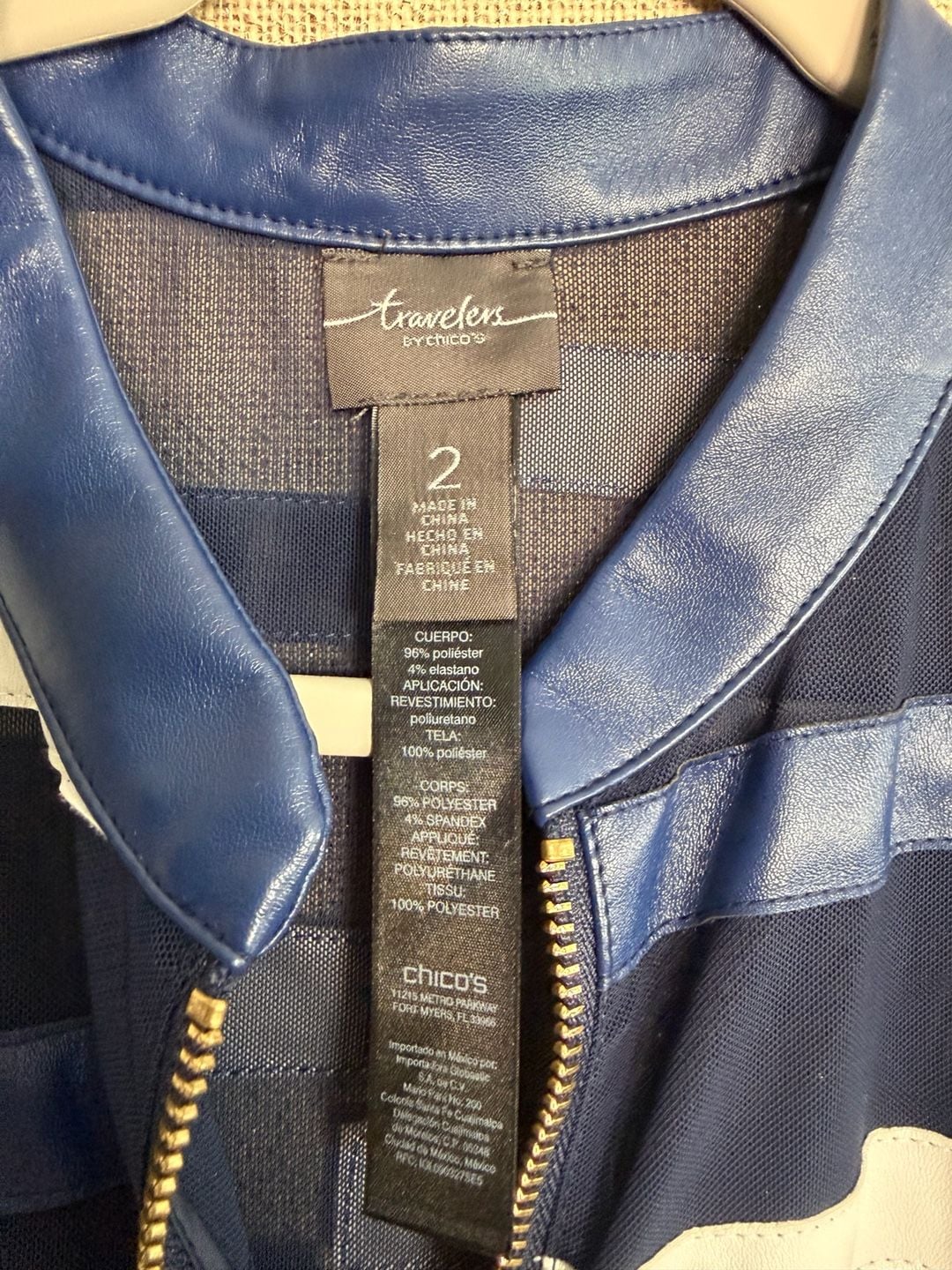 Chico's Travelers Faux Leather Trim Zip Jacket Size 2 Blue White 3