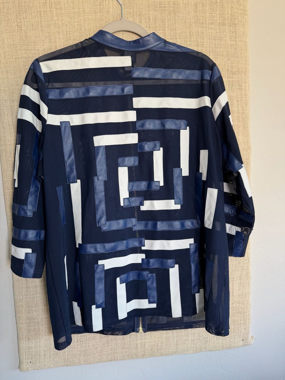 Chico's Travelers Faux Leather Trim Zip Jacket Size 2 Blue White 5
