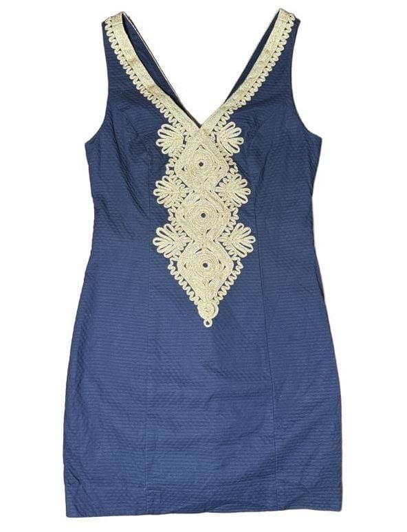 Lilly Pulitzer Dress Size 0 Navy Blue Gold Embroidered Sleeveless 2