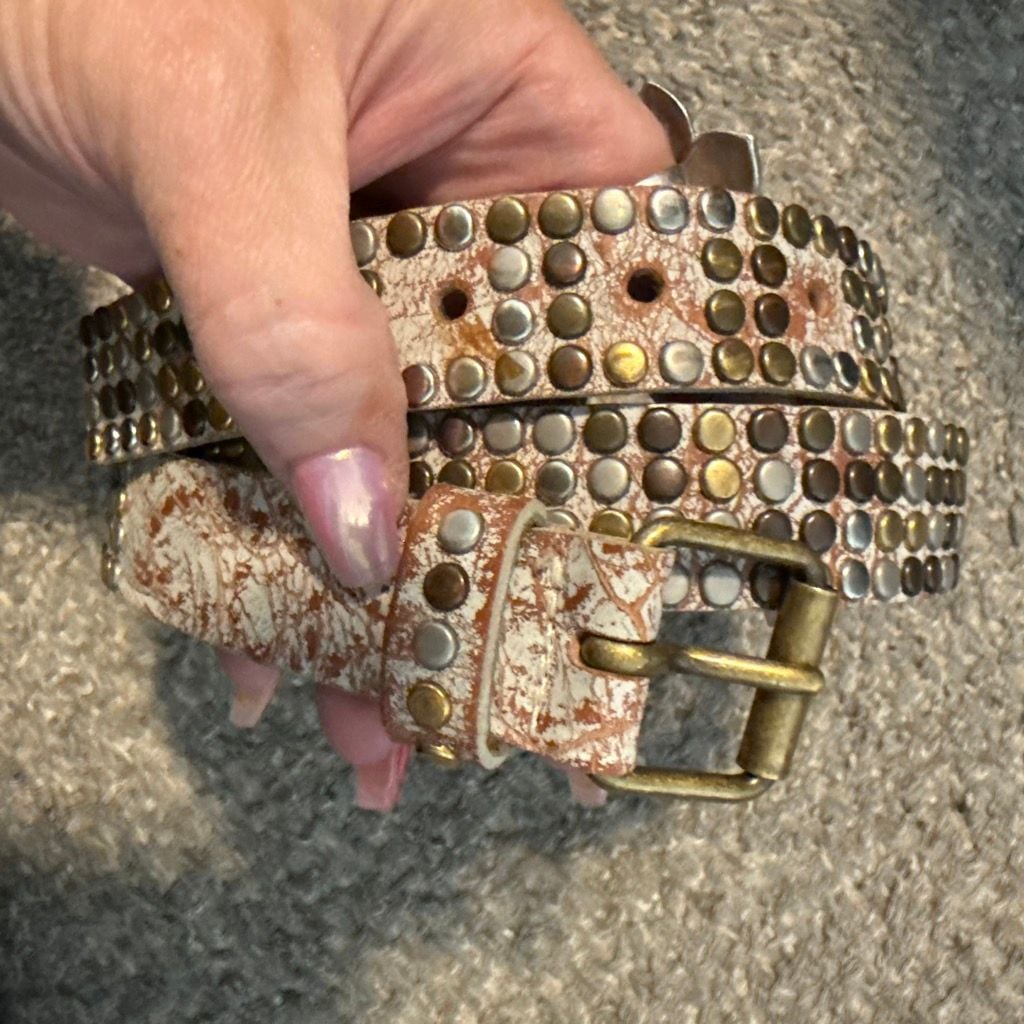 Vintage Studded Distressed Leather Belt Multi-Tone Hardware 1