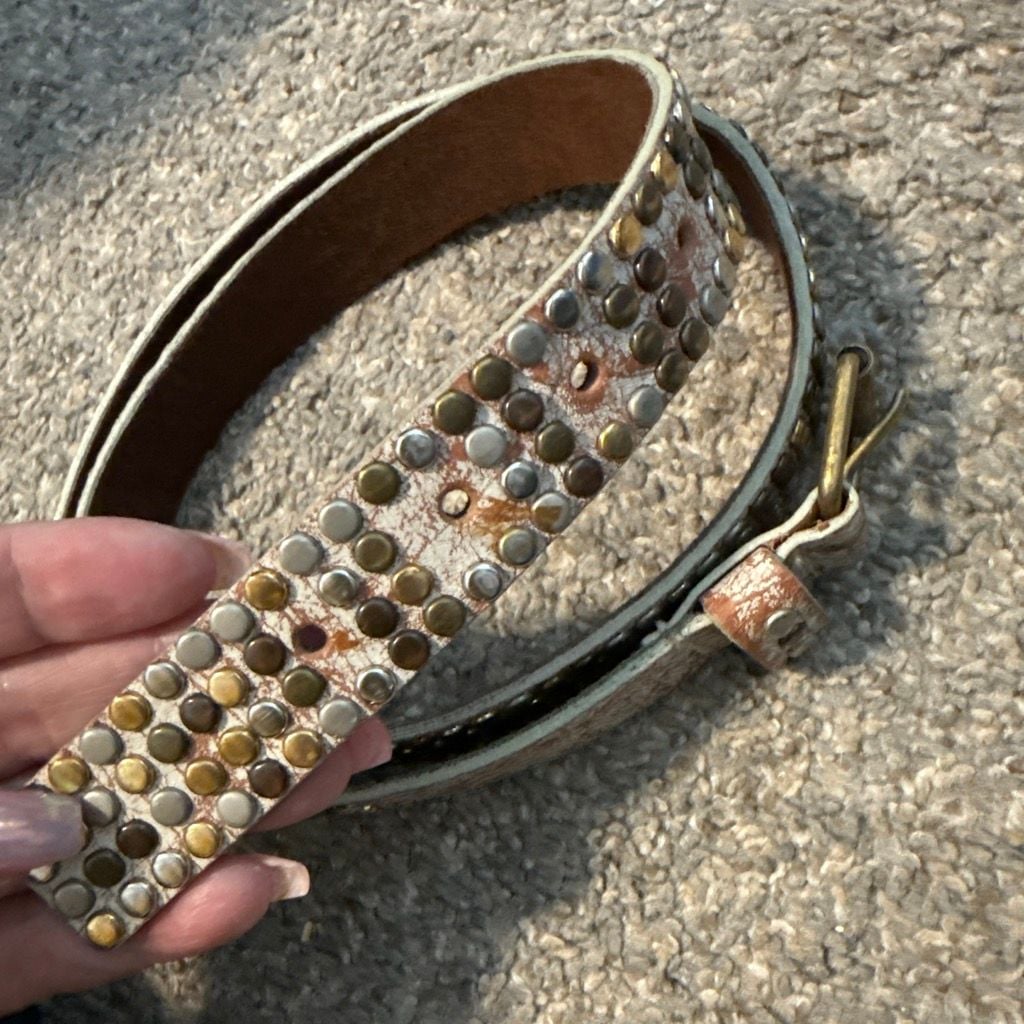 Vintage Studded Distressed Leather Belt Multi-Tone Hardware 2