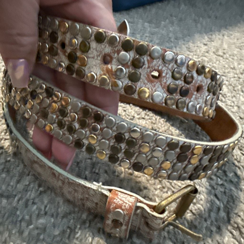 Vintage Studded Distressed Leather Belt Multi-Tone Hardware 3