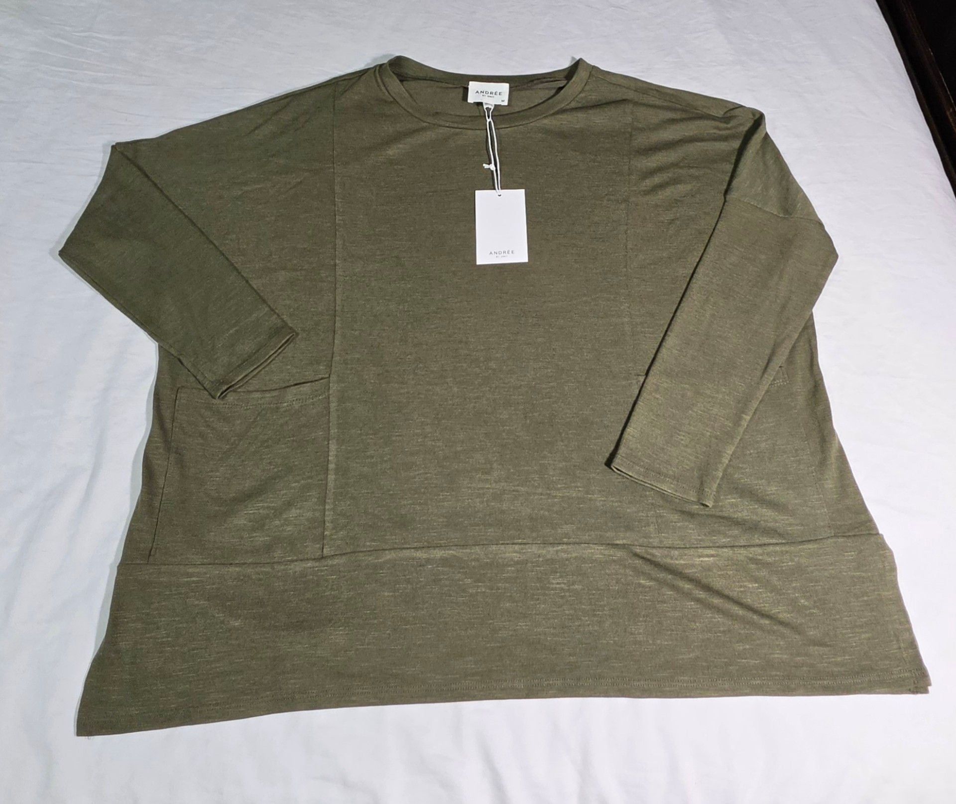 Andree By Unit Top Size M Olive Green Long Sleeve Pocket Tunic Blouse 2