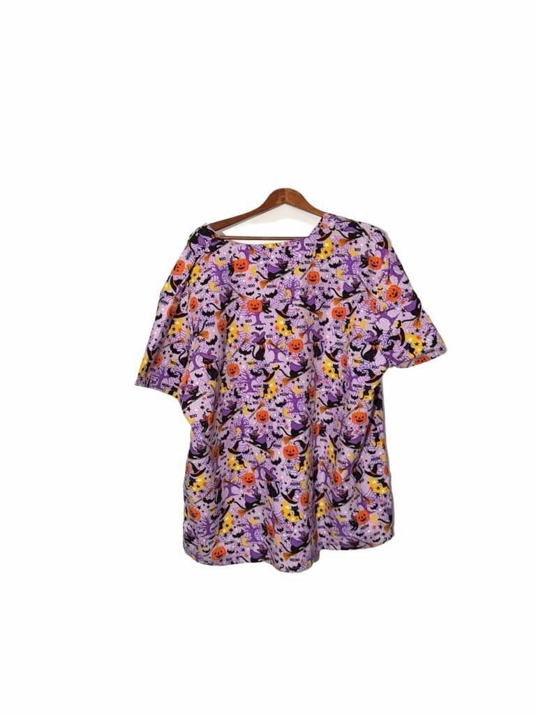 Divine Curves Halloween Scrub Top Size 3X Black Cat Pumpkin Print 9
