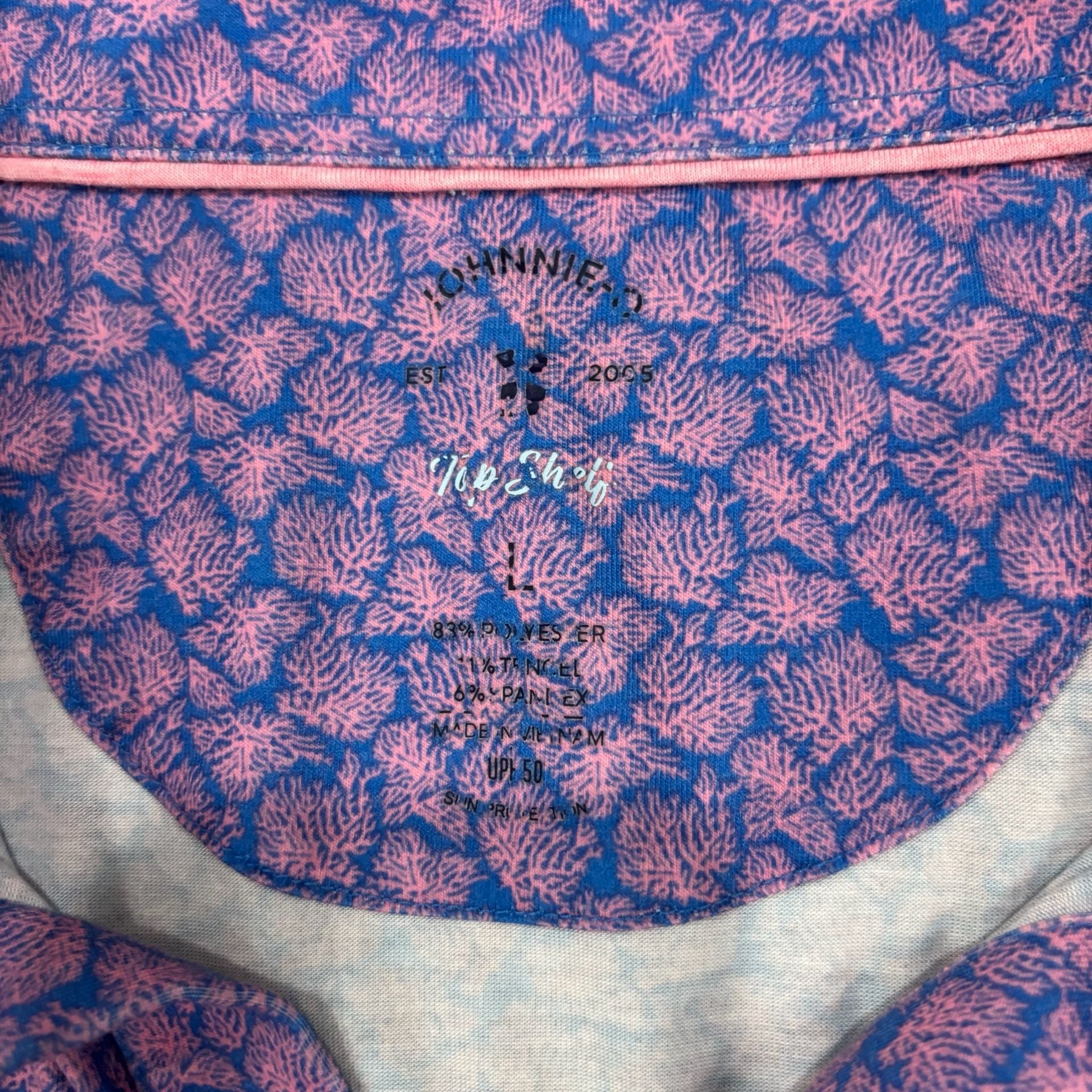 Johnnie-O TopShelf Polo Shirt Size L Pink Blue Coral Print 6