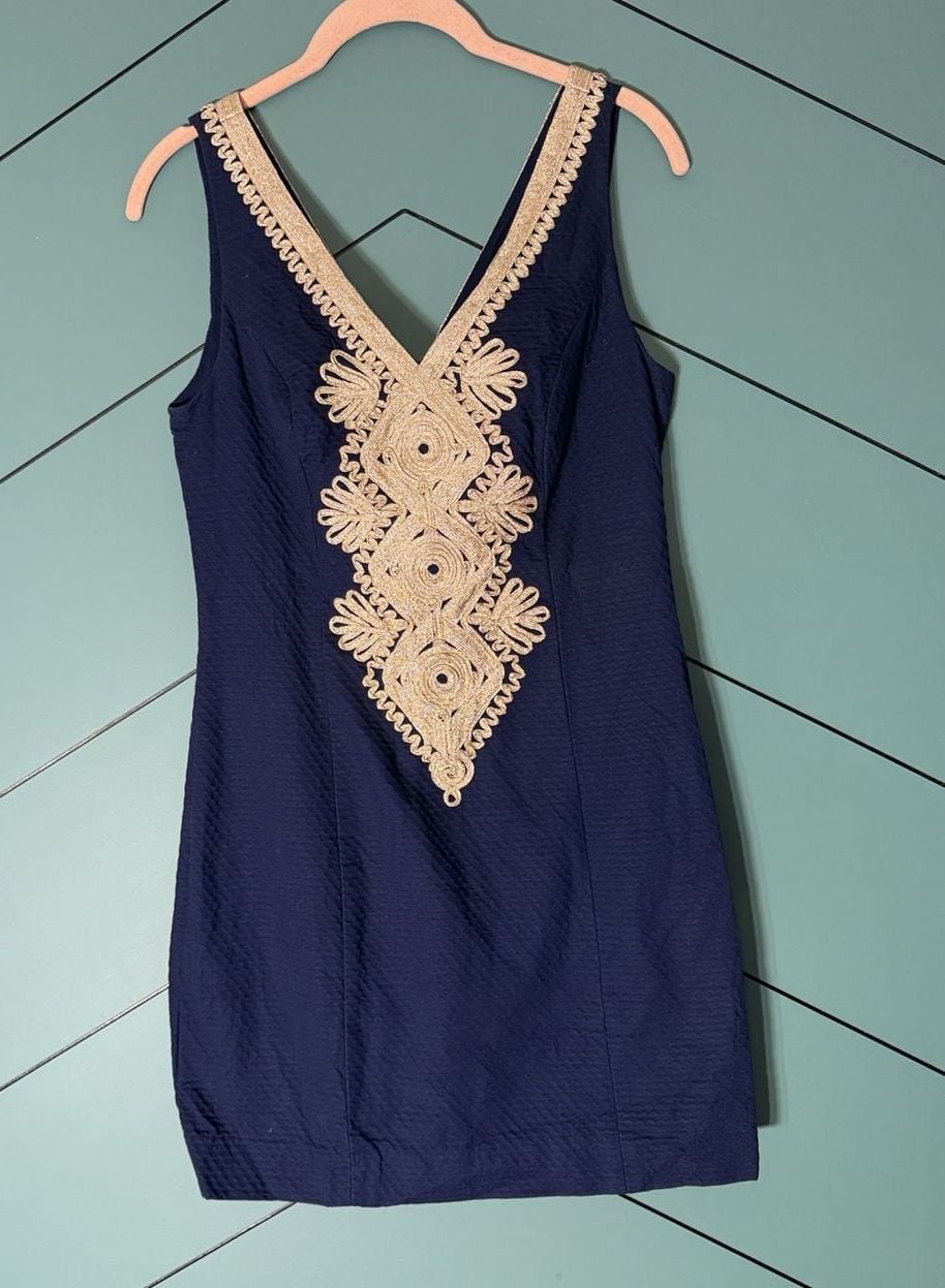 Lilly Pulitzer Dress Size 0 Navy Blue Gold Embroidered Sleeveless 3