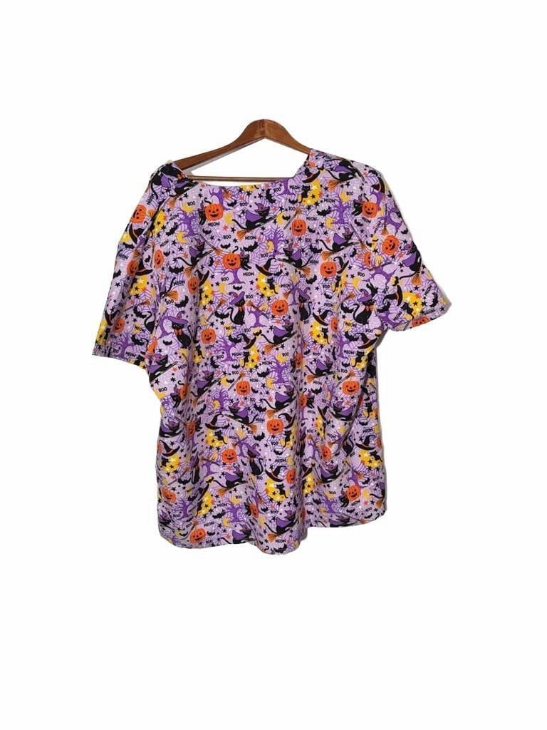 Divine Curves Halloween Scrub Top Size 3X Black Cat Pumpkin Print 10