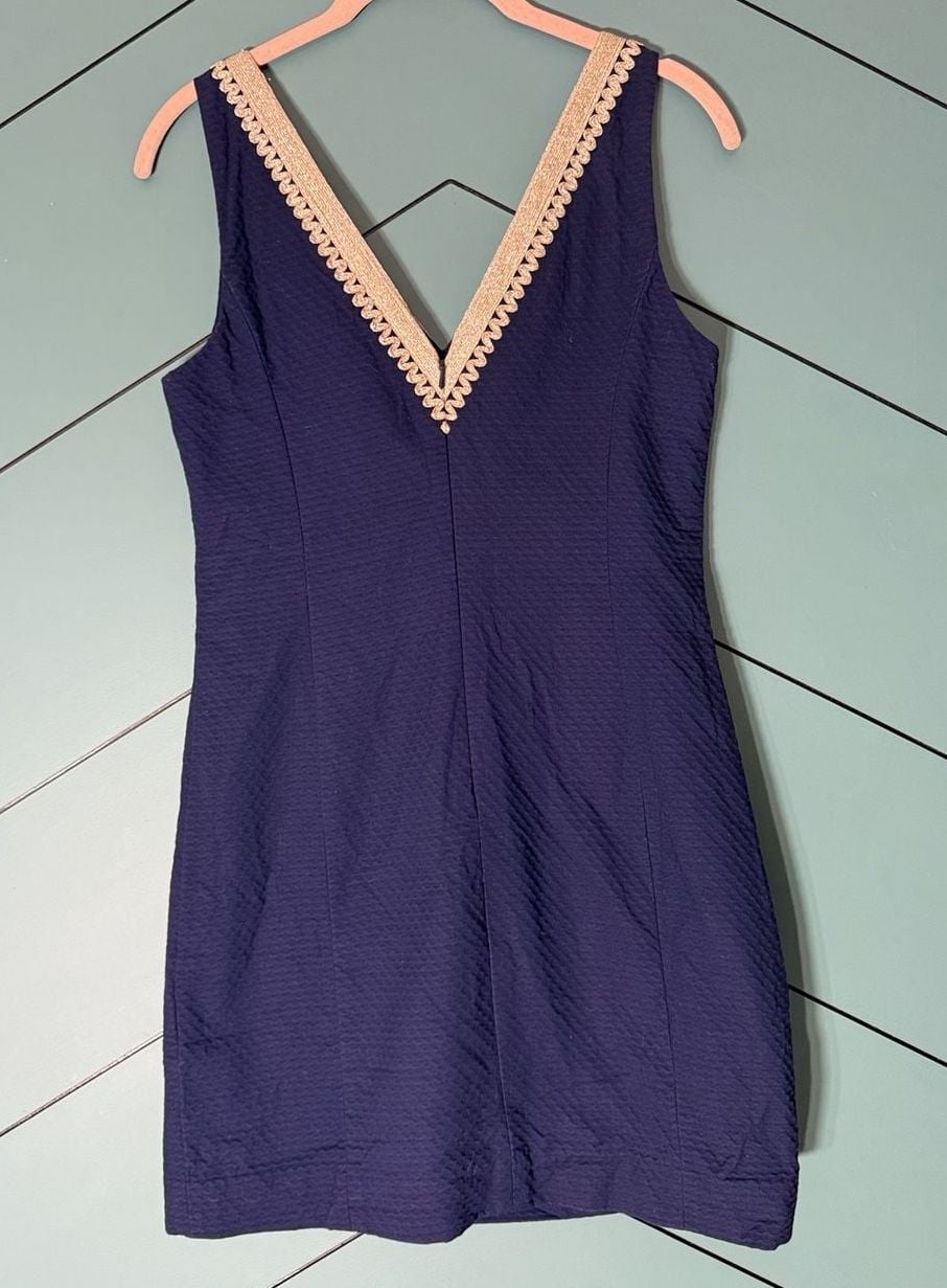 Lilly Pulitzer Dress Size 0 Navy Blue Gold Embroidered Sleeveless 5