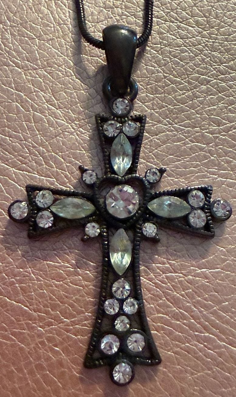 Ornate Rhinestone Cross Pendant Necklace black 3