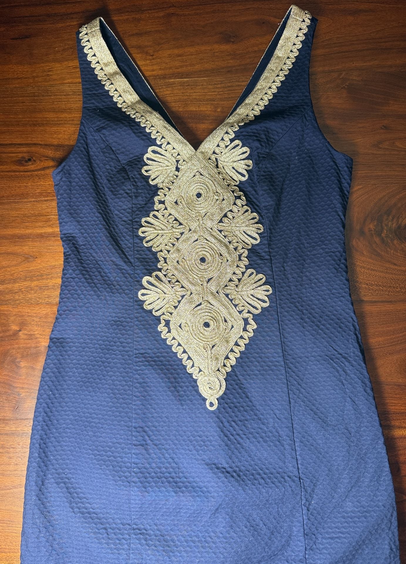 Lilly Pulitzer Dress Size 0 Navy Blue Gold Embroidered Sleeveless 9