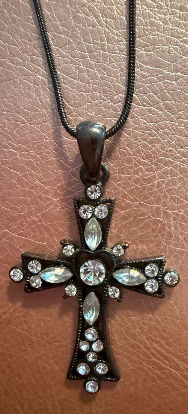 Ornate Rhinestone Cross Pendant Necklace black 2