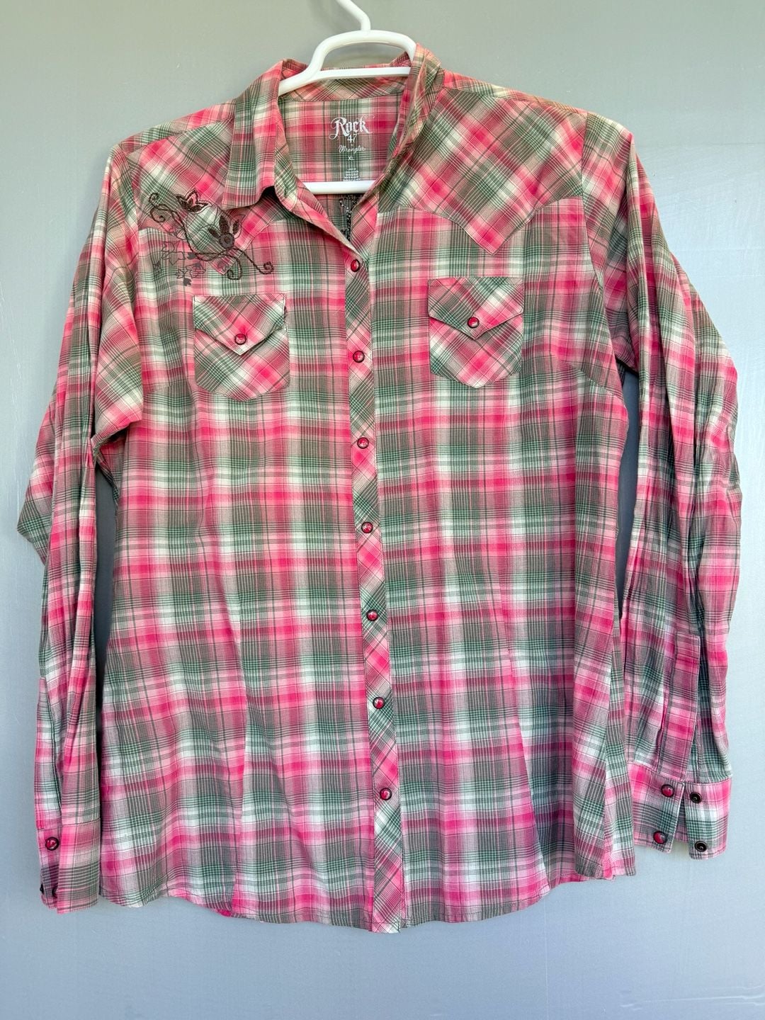 Rock 47 by Wrangler Western Plaid Shirt Size XL Pink Green Embroidered 2