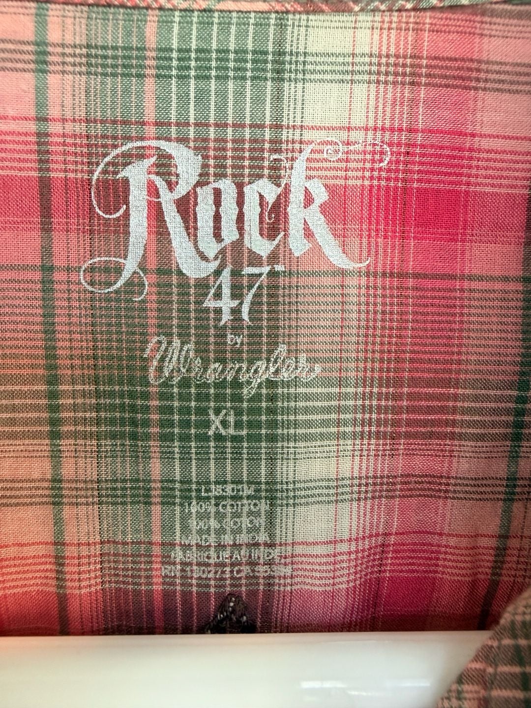 Rock 47 by Wrangler Western Plaid Shirt Size XL Pink Green Embroidered 3