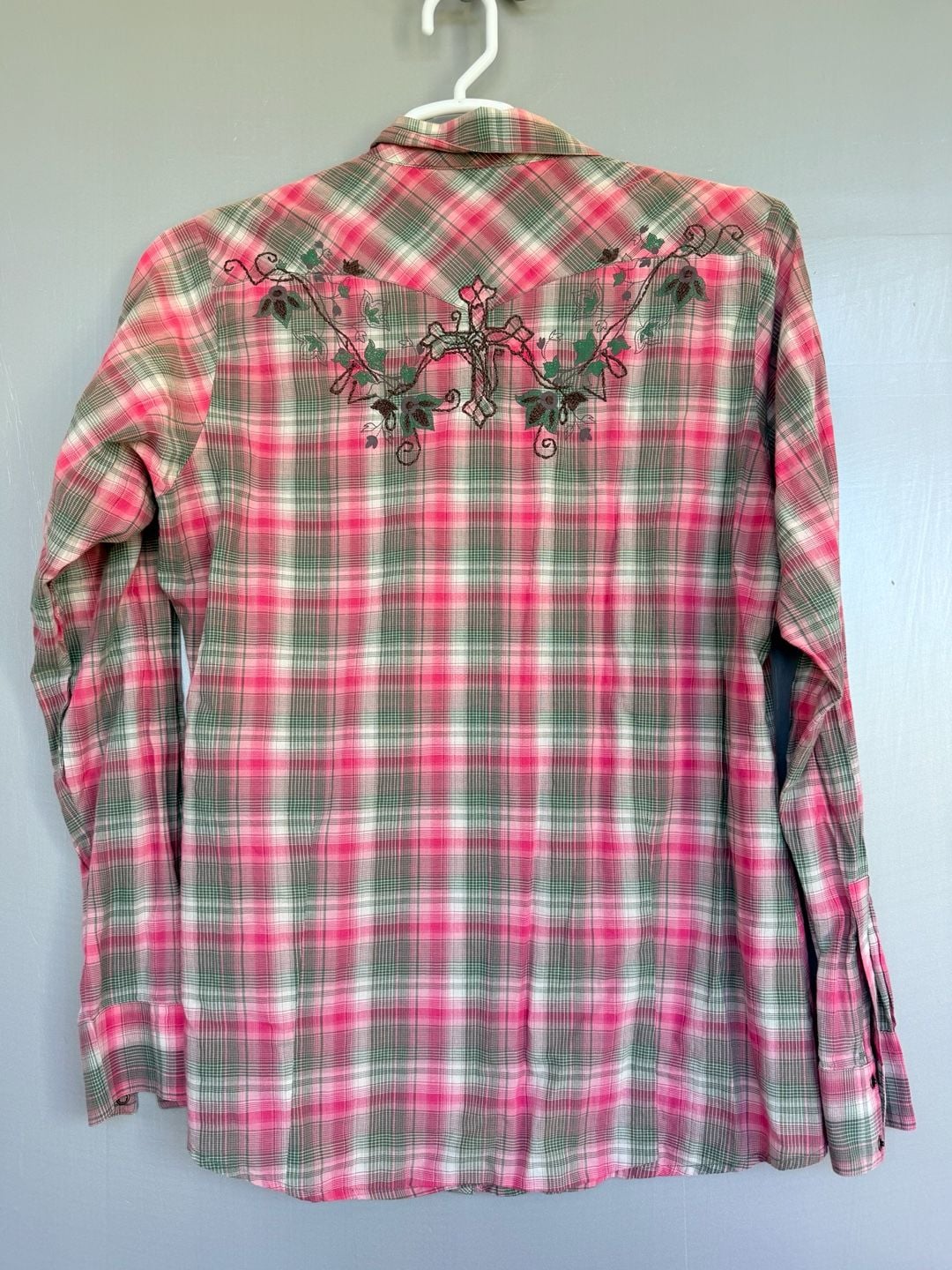 Rock 47 by Wrangler Western Plaid Shirt Size XL Pink Green Embroidered 6
