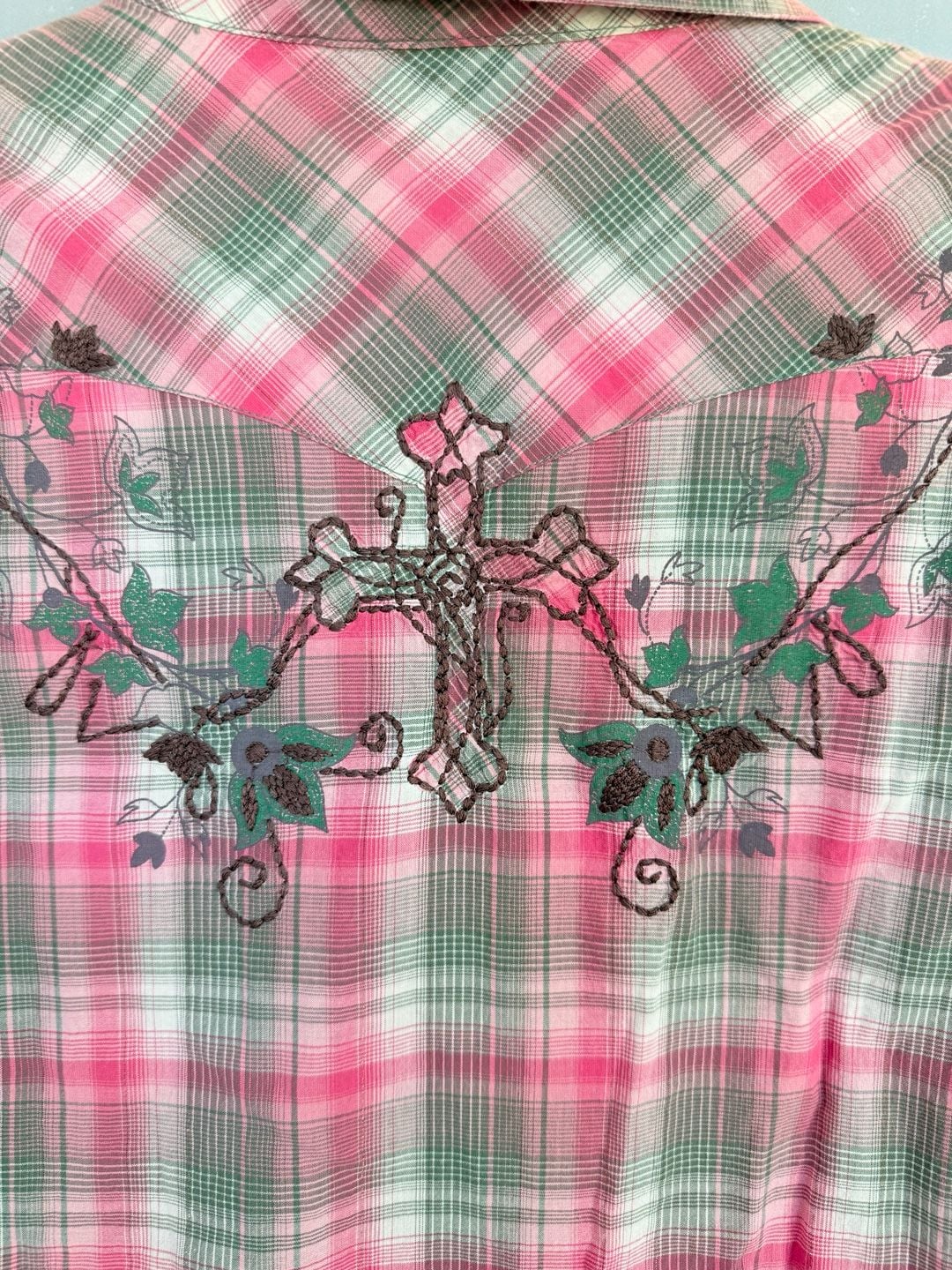 Rock 47 by Wrangler Western Plaid Shirt Size XL Pink Green Embroidered 7