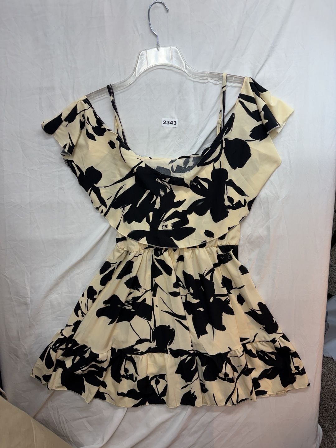 Shein Floral Dress Size 8/10 L Black Cream Ruffle Mini 2