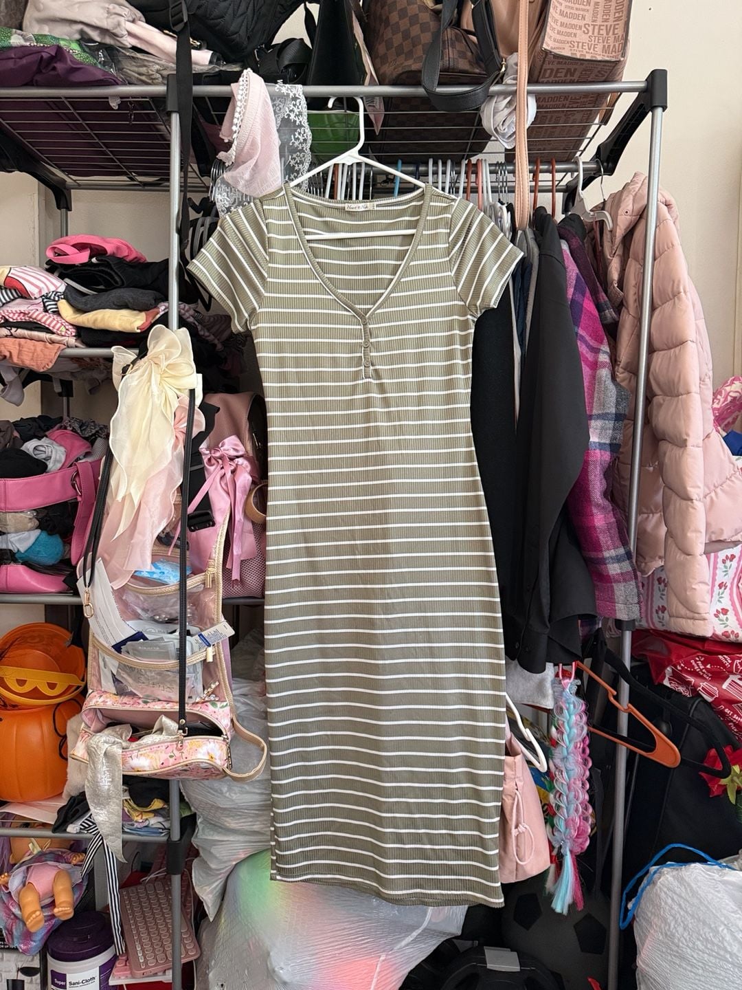 Heart & Hips Striped Ribbed V-Neck Midi Dress Green Size S 2