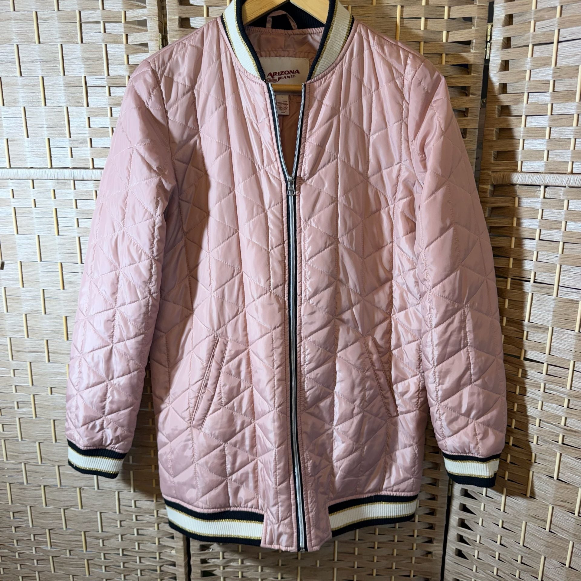 Arizona Jeans Co. Quilted Bomber Jacket Size S Pink Full Zip 2