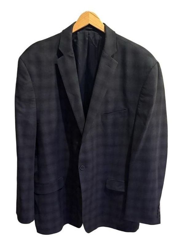 Calvin Klein Suit Jacket Size 48L Black Wool Plaid Sport Coat Blazer 2