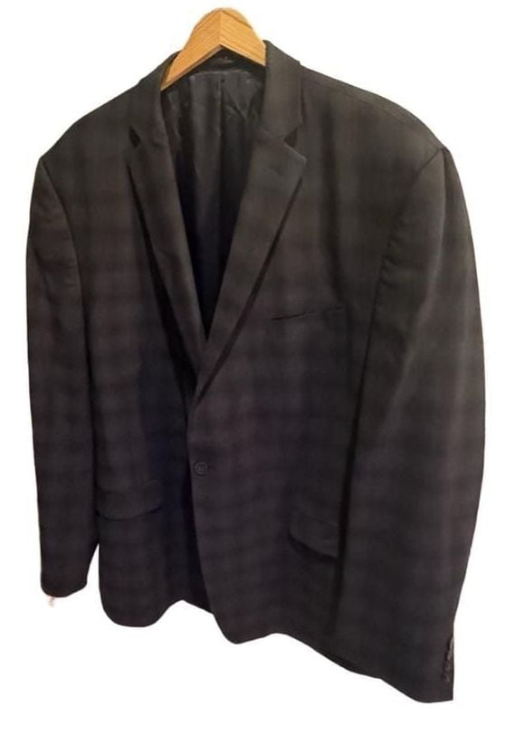 Calvin Klein Suit Jacket Size 48L Black Wool Plaid Sport Coat Blazer 6