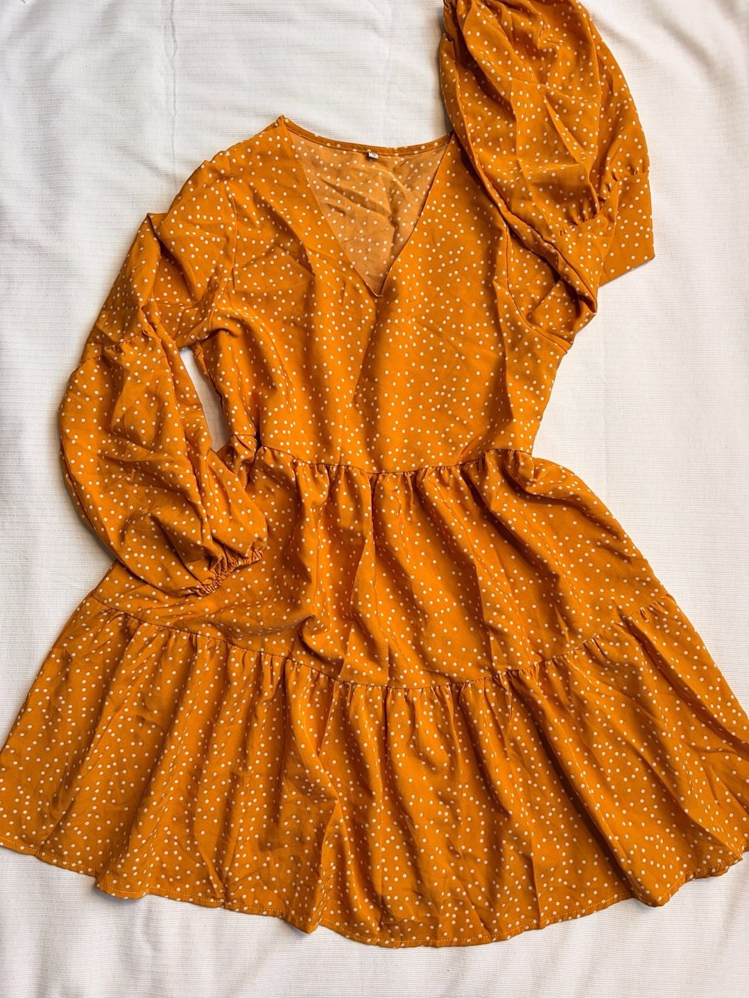 Unbranded Polka Dot Dress Size S Orange Long Sleeve Tiered Mini Fall 2