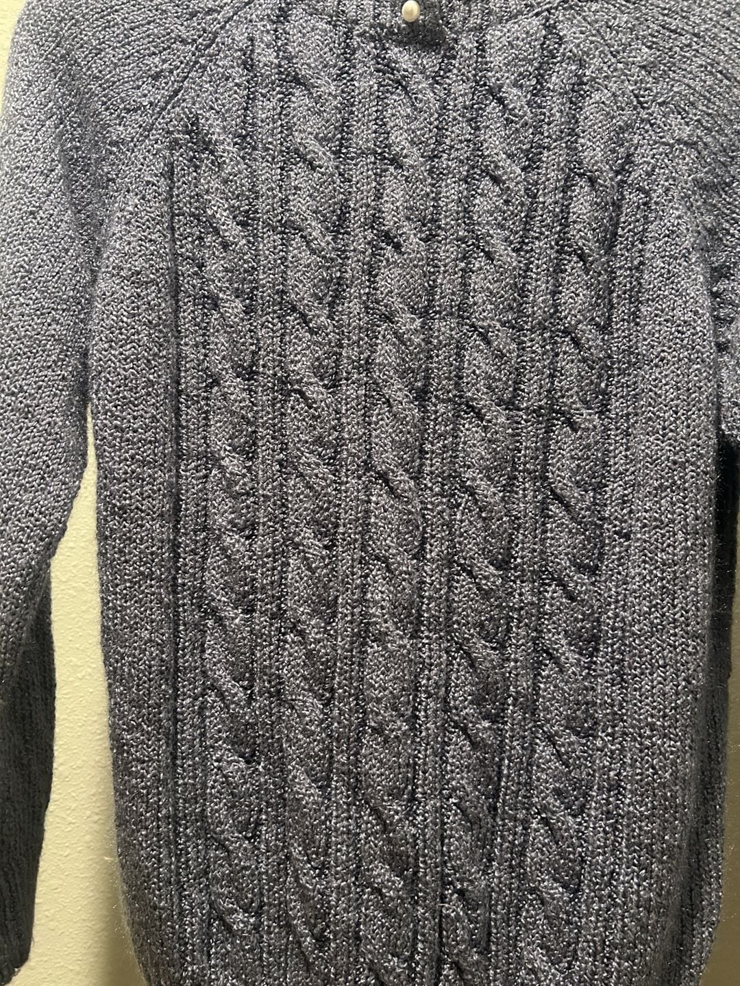 Jennifer Moore Cable Knit Sweater Size M Blue Pearl Buttons Mock Neck 3