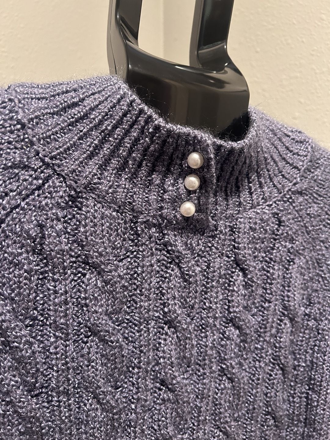 Jennifer Moore Cable Knit Sweater Size M Blue Pearl Buttons Mock Neck 4
