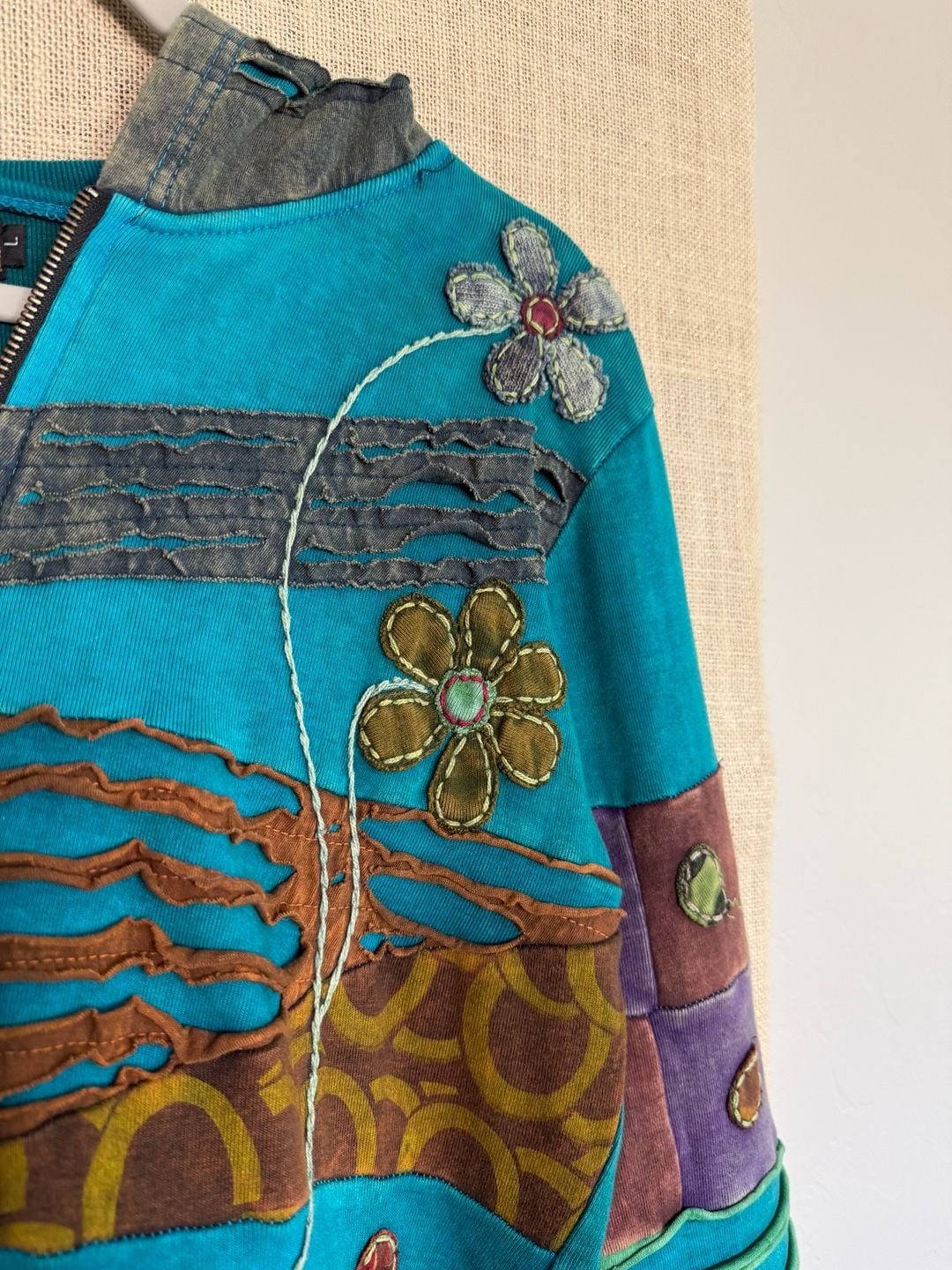 Rising International Patchwork Floral Zip Hoodie Size L Blue 5
