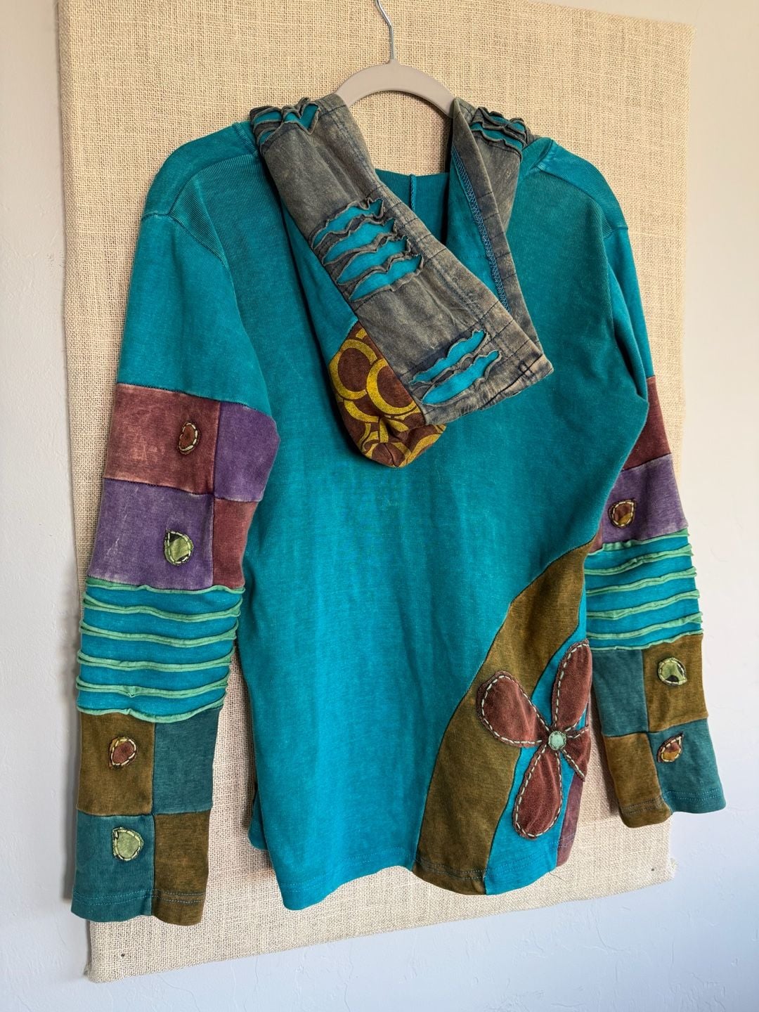 Rising International Patchwork Floral Zip Hoodie Size L Blue 6