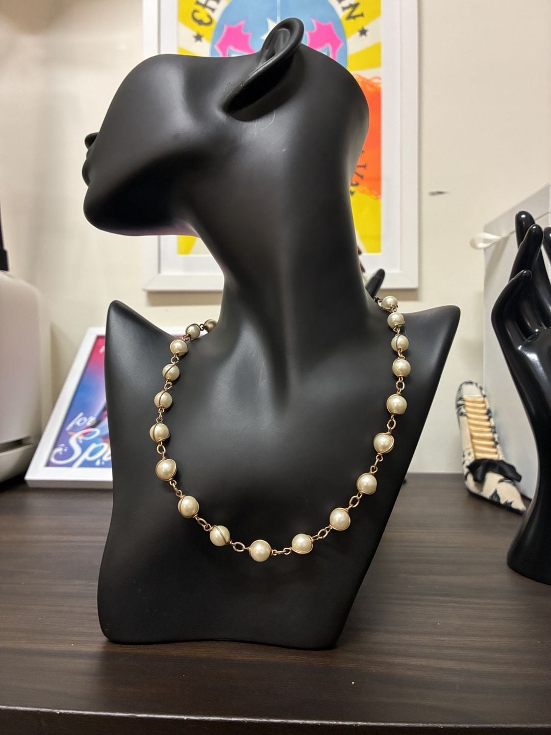 Sarah Coventry Faux Pearl Gold Tone Station Link Necklace 2